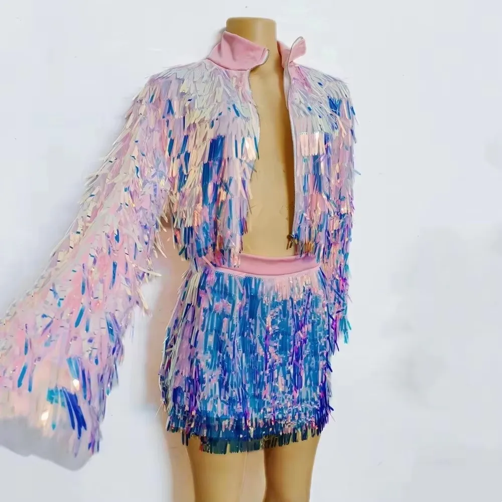 

Ladies Pink/Blue Sequin Mini Skirt with Tassel Jacket Dance Bar Club Singer Dancer Performance Stage Wear Birthday Party Outfit