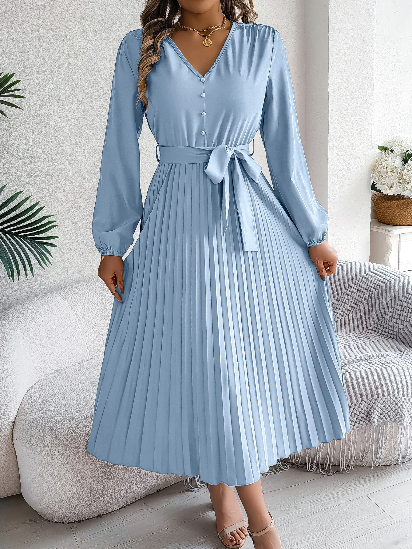 Autumn Winter Elegant V-Neck Button Belt Long Sleeved Solid Color Pleated Long Dress For Women Dresses