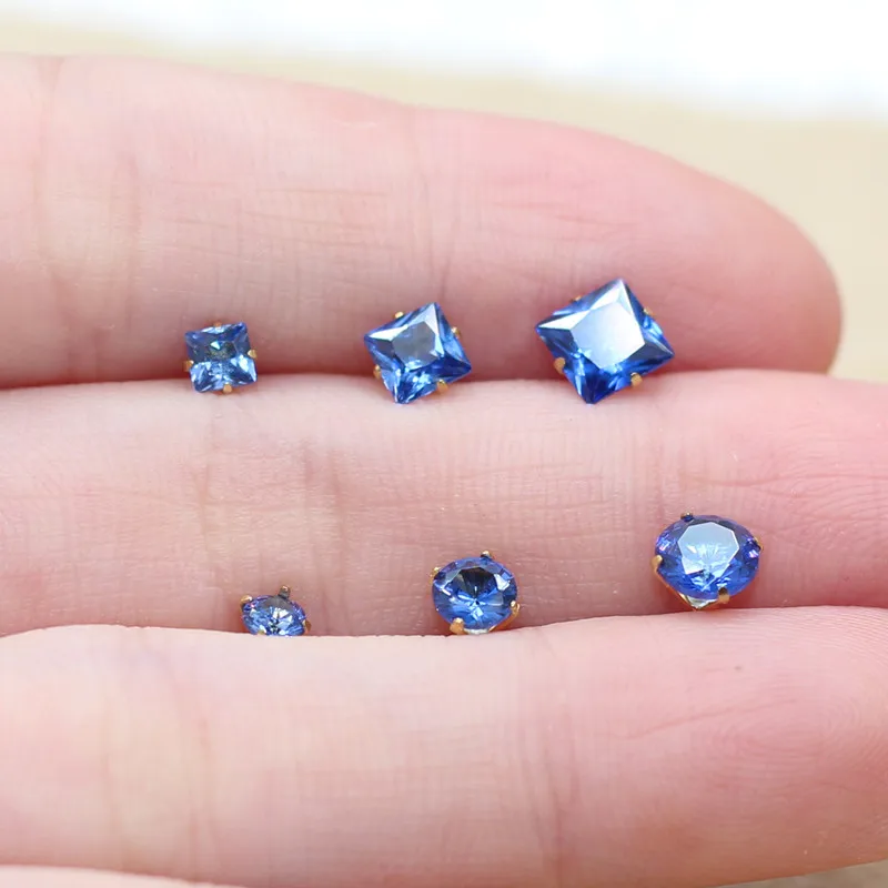 2 pc lot Circle And Square Shape Tanzania Blue Zircon Brief Stainless Steel Women Men Stud Earrings No Easy Fade Allergy Free