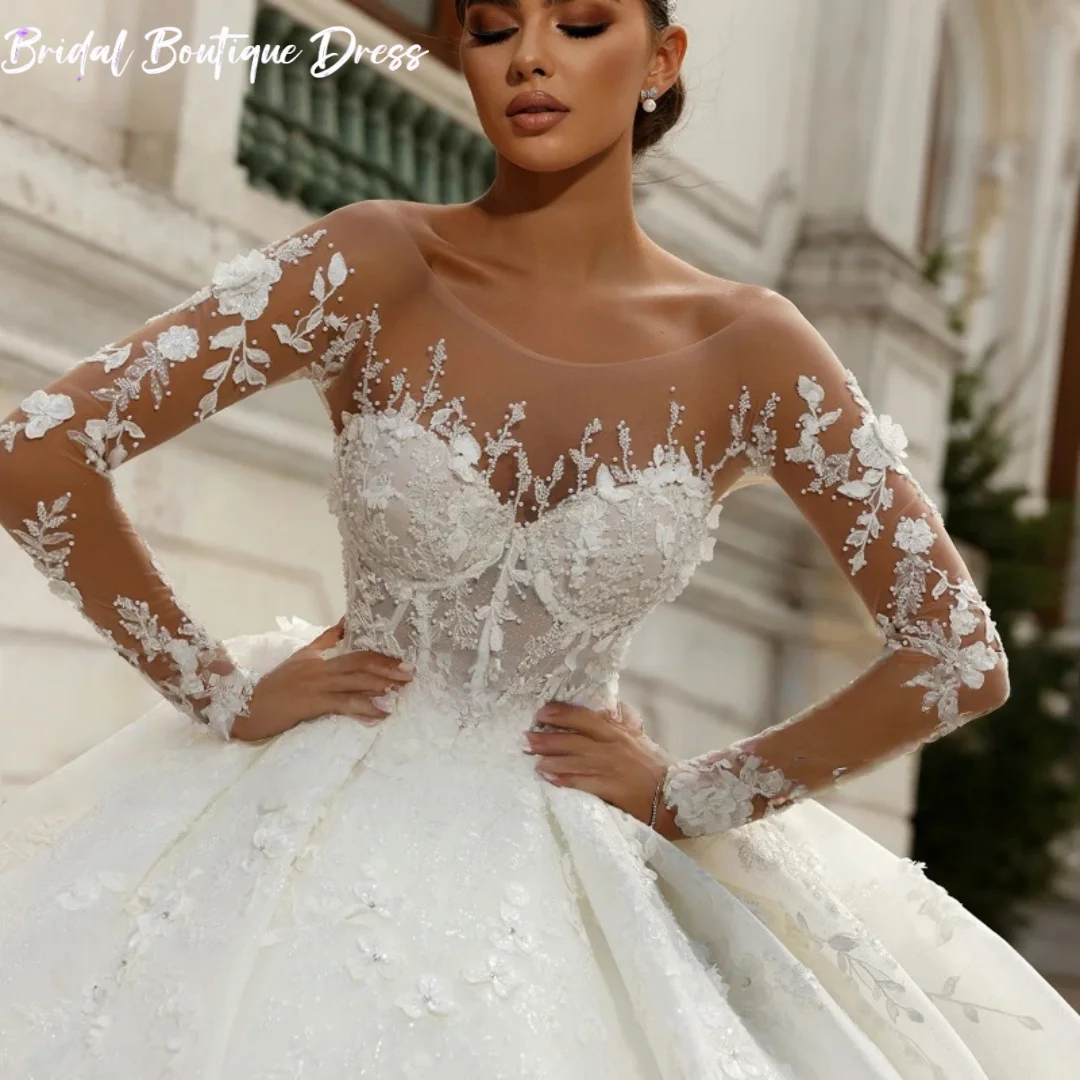 Maßgeschneiderte Luxuriöse U-Ausschnitt Langarm Ballkleid Hochzeit Party Kleid Perlen Applikationen Brautkleid Zug Vestido De Noiva