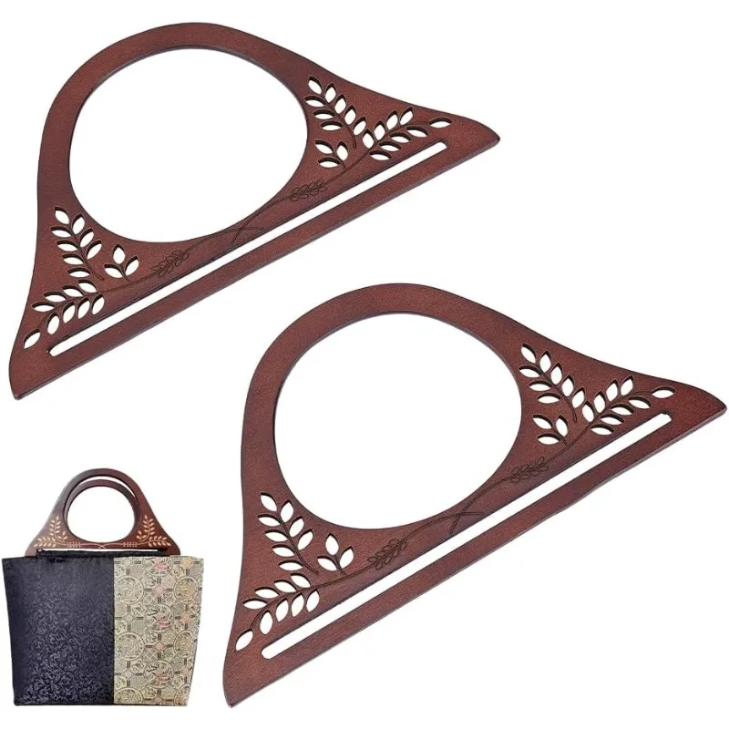 2PCS Wooden Bag Handle Replacement D-Shaped Handbag Purse Handles Hollow-Out Flower Replacement Handle for DIY Beach Bag Straw