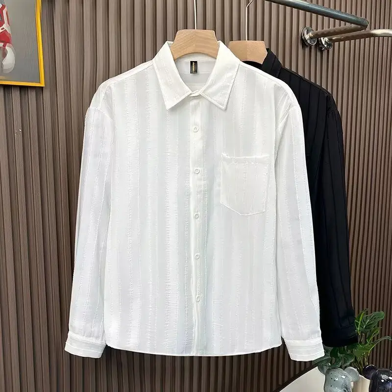 

White 3D Texture Long Sve Casual irt Men's Loose Fit Stripe Pattern Premium Retro Top Faion Urban Sle Polyester Fiber