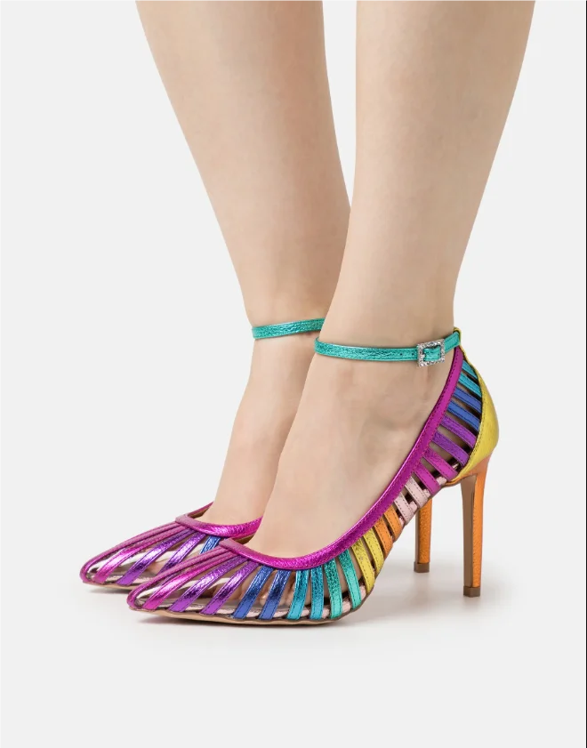 Pointed Toe Rainbow Strappy Sandals Stiletto Heels Pvc Upper Colorful Straps Ankle Buckle Women Summer Casual Dress Party Pump