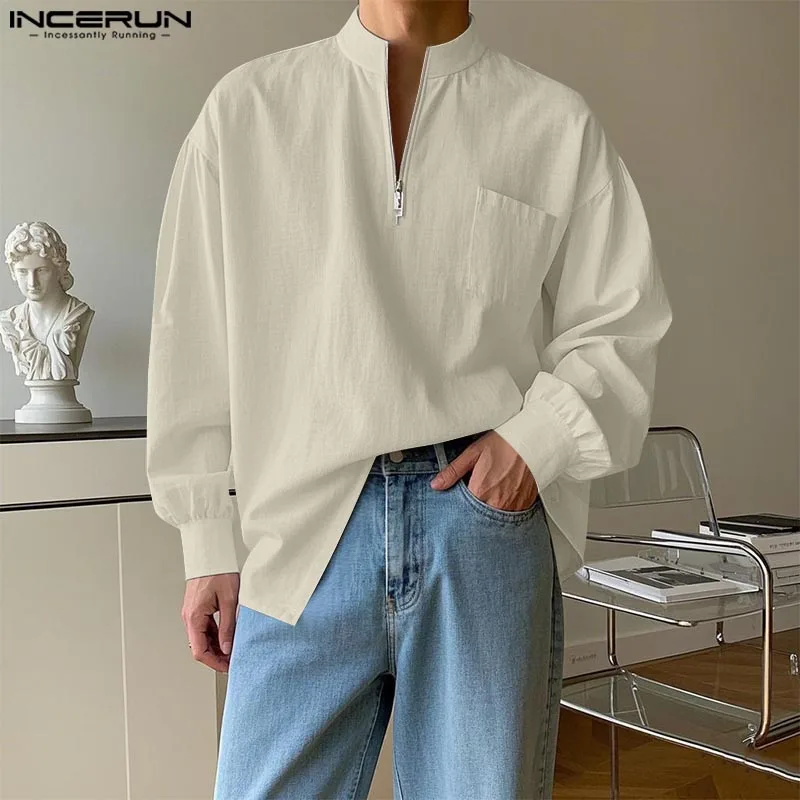 INCERUN Tops 2025, koreanischer Stil, Mode, Herren-Reißverschluss-Design, solides Hemd, lässig, gut sitzende männliche langärmelige Bluse mit V-Ausschnitt, S-5XL