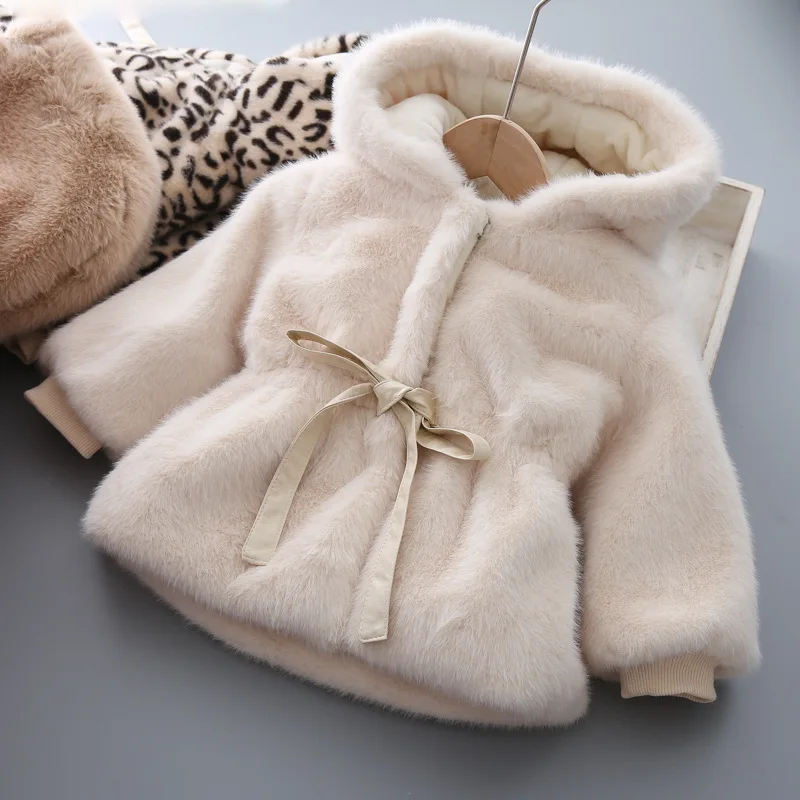 Bellbell Winter Infant Baby Girl Faux Fur Coat Loose Toddler Kids Girls Leopard Hooded Outerwear Coats Little Girls Woolen Coats