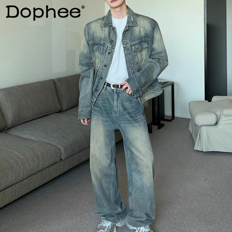 

Мужские осенние новые модные комплекты из 2 предметов в стиле ретро, шикарные джинсовые комплекты, мужские свободные стеганые куртки на плечах, пальто, прямые брюки, комплекты из двух предметов