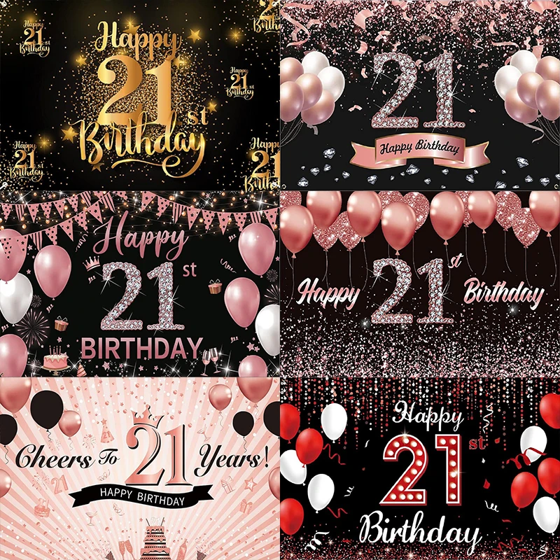 Party Wall Photography Backdrop Man Woman Happy 21th Birthday Background Banner Balloon 21year Photo Decoration Golden Custom