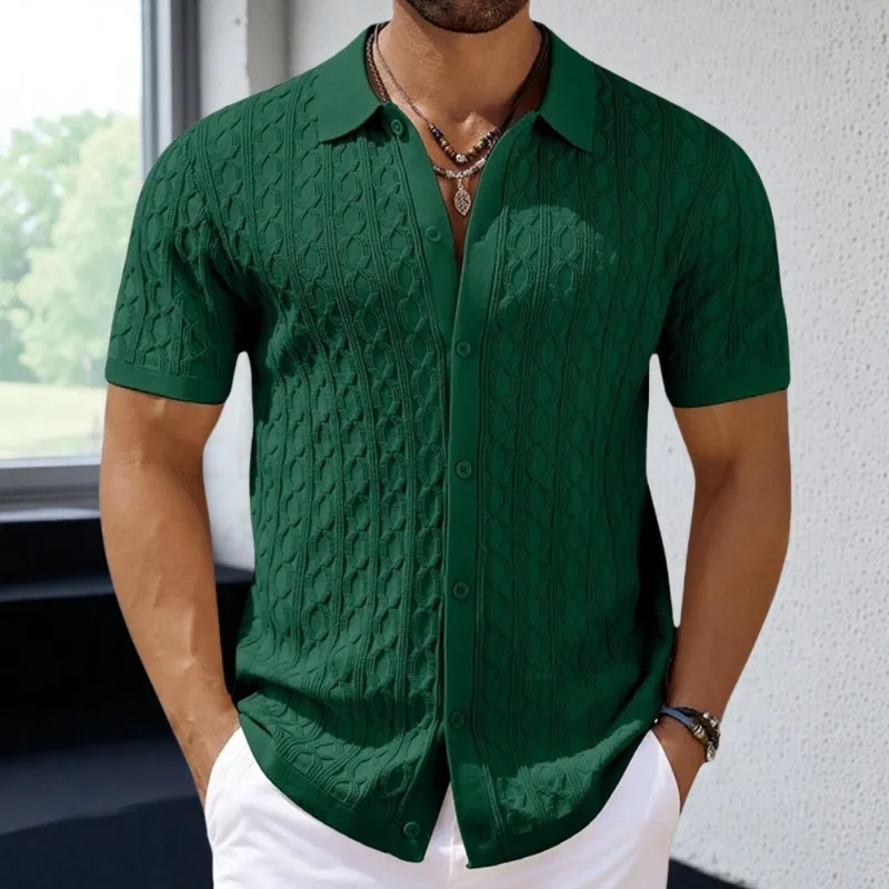 Men's Dark Green Short-Sleeve Knit Shirt Button-Down Cable Tees Pattern Casual Polo Top