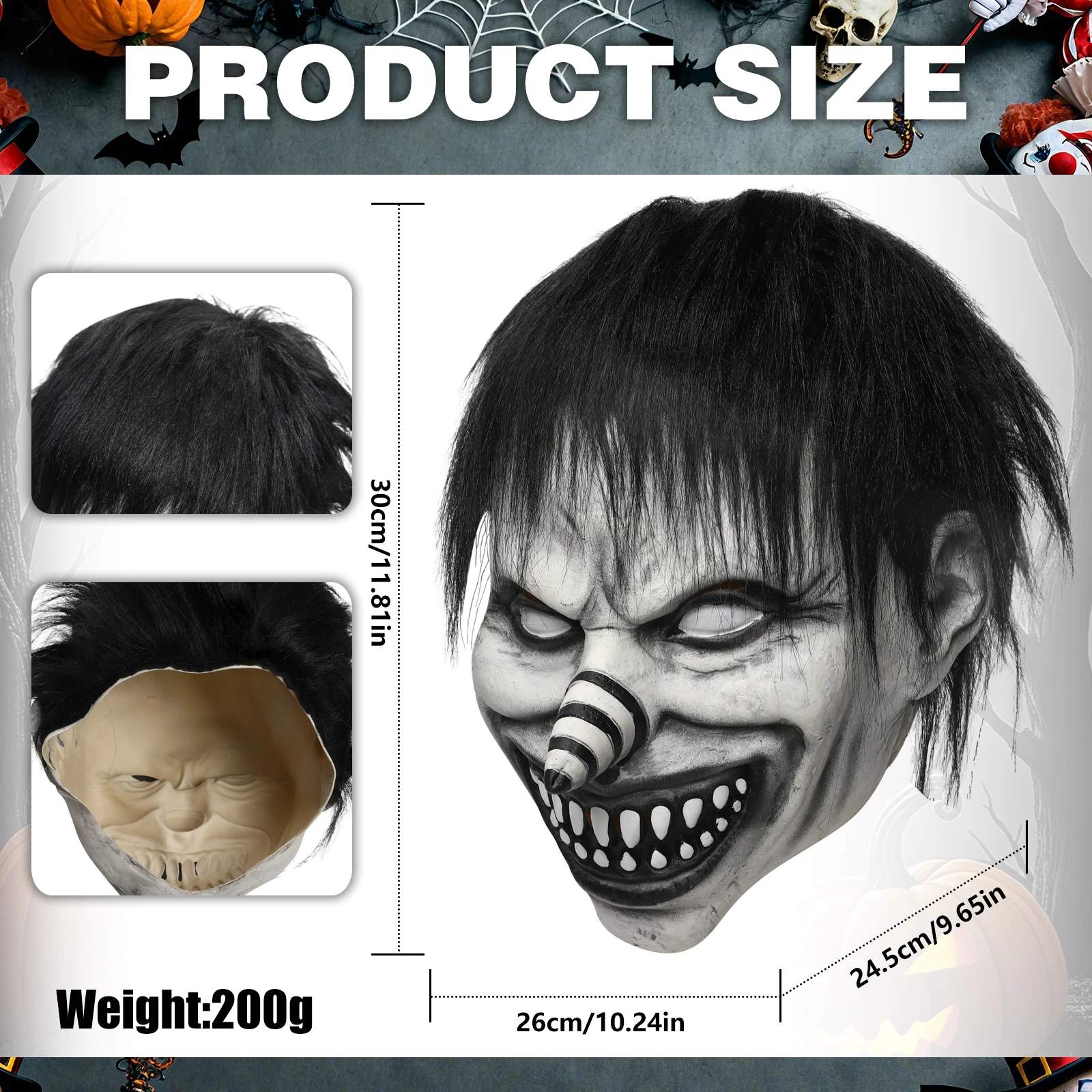Scary Demon Clown Mask Evil Clown Mask Creepy Black Haired Clown Spiral Nose Latex Mask Halloween For Adult Cosplay Props 5
