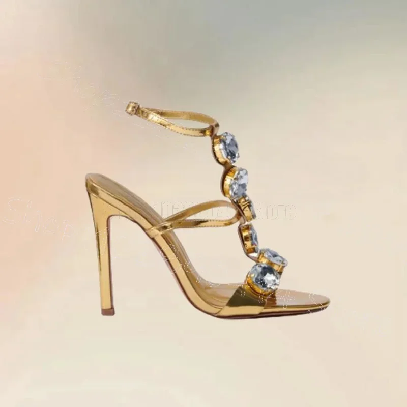 

Crystal Decor Gold Open Toe Cut Heel Sandals Buckle Strap Women Shoes Thin High Heels New Party Banquet 2026 Zapatos Para Mujere