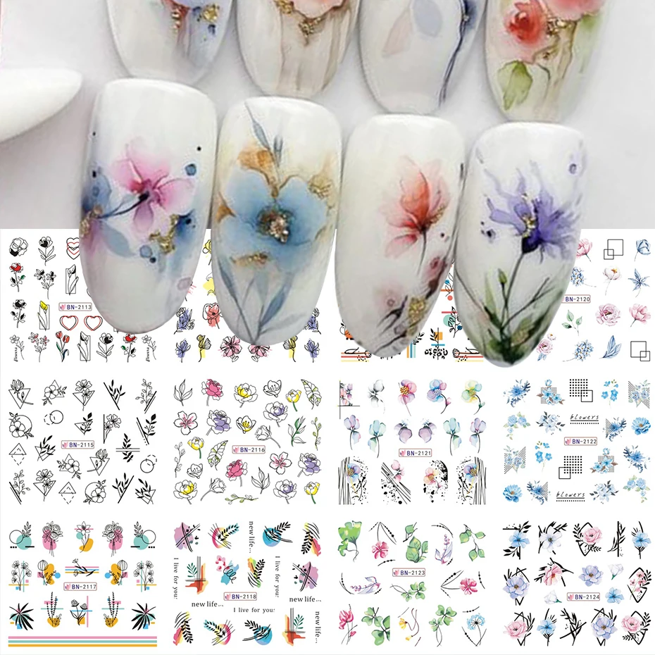 12pcs Geometry Flower Leaf Nail Stickers Line Graffiti Painted Colorful Water Decal Link Blooming Slider for Nail Decoration