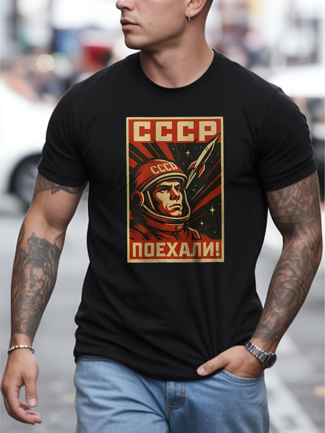 

Retro Soviet Union USSR CCCP Astronaut Space Poster T-Shirt 100% Cotton O-Neck Short Sleeve Summer Casual Mens T-shirt