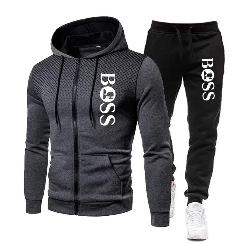 Roupas masculinas outono e inverno casual roupas esportivas terno de fitness ao ar livre zíper jaqueta com capuz + moletom jogging conjunto de duas peças