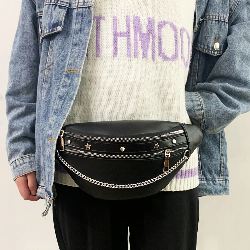 Hip Hop Women's Waist Bag Rivet Chain Fanny Pack PU Leather Fashion Belt Bag Female Shoulder Crossbody Chest Bags Handbag Purse