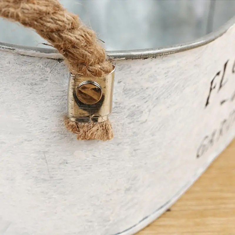 C90A Old Look Plant Metal Pot Container with Twine Handles