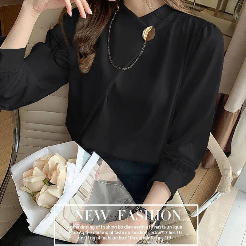 Einfarbig Elegante Langarm Arbeit Tragen Hemd Frauen Mode Unregelmäßige Ästhetische Oansatz Shirts Neue Temperament Ol Formale Hemd