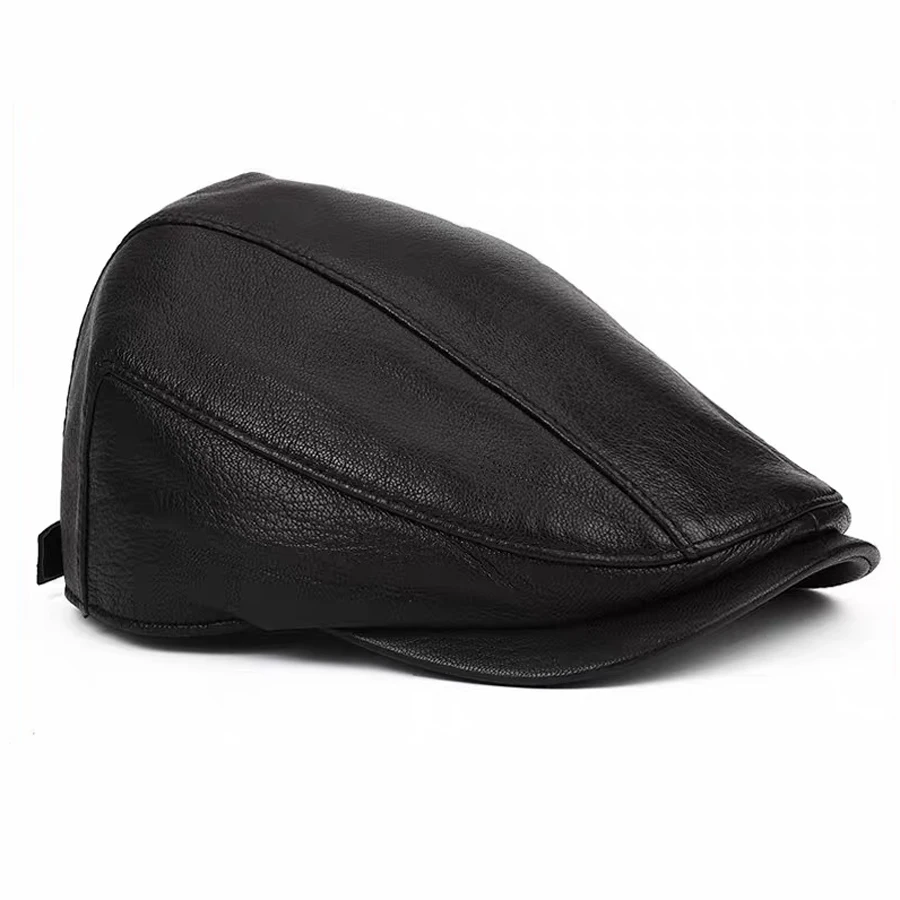 2026 Spring New Genuine Leather Hat Cap Cowhide Beret Warm  Cotton Men Padding Brand Brown/Black Duck Hat
