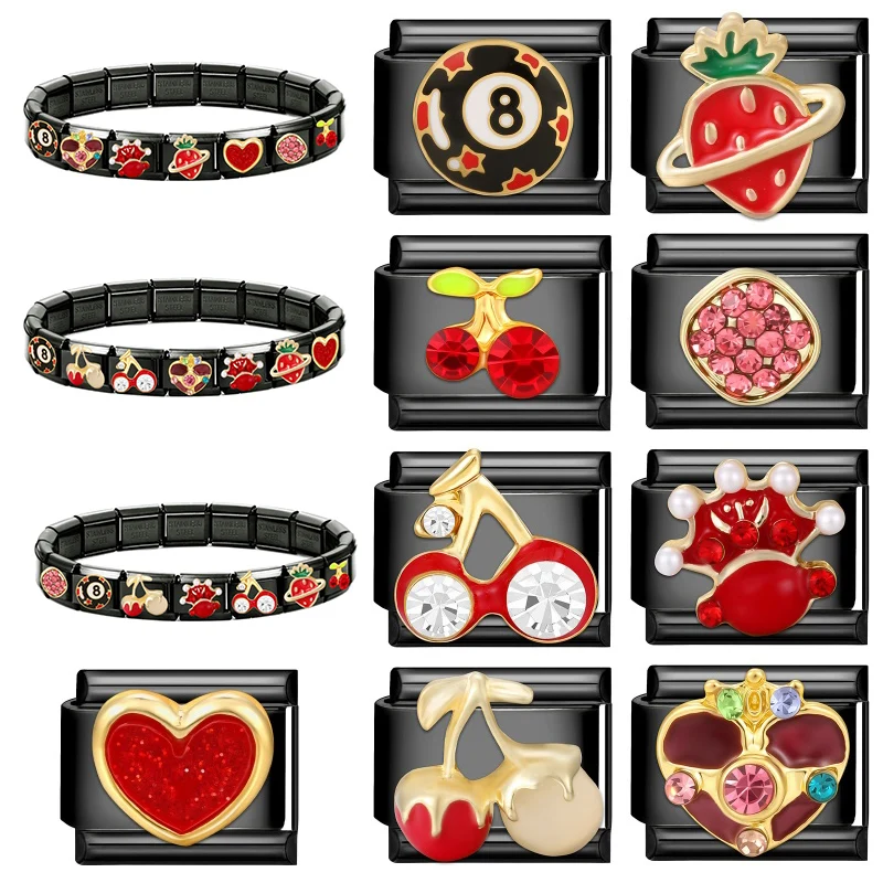 New Zircon Cherry Radish Moon Butterfly Black Italian Charm Links Fit 9mm Stainless Steel Bracelet DIY Making Jewelry Gifts