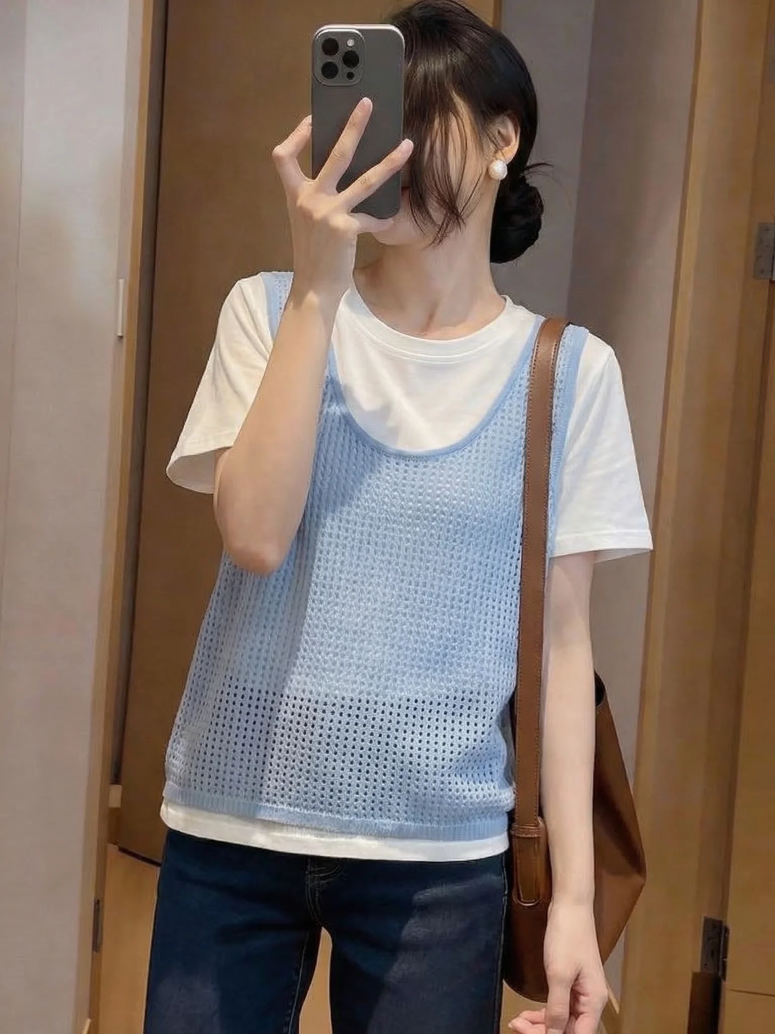 Summer 2026 Large Size Knitted Vest Pumpkin Orange Short Sleeve T-Shirt Two-Piece Set Korean Style Loose Fit Commute Style