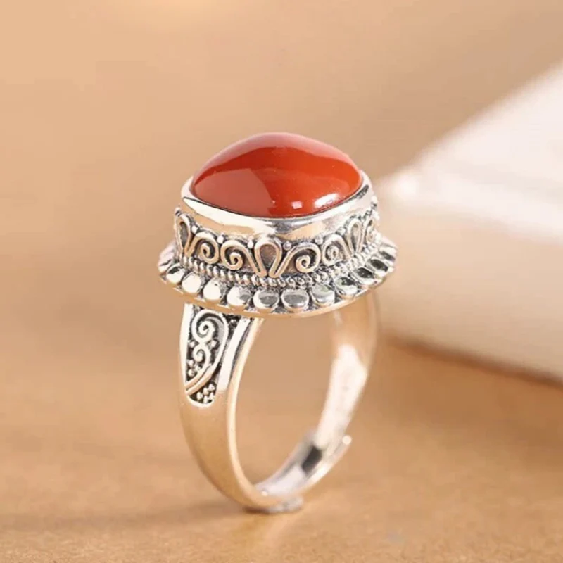Thai Silver Retro Southern Red Agate Ring For Female Simple Versatile Personalized Square Ring Ancient Style Finger Jewelry