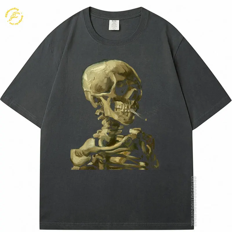 

Vincent Van Gogh Skull With Cigarette Skeleton Anti-Smoking Oversized T-Shirt Man Clothes Men's Short Shirts Men T Shirt