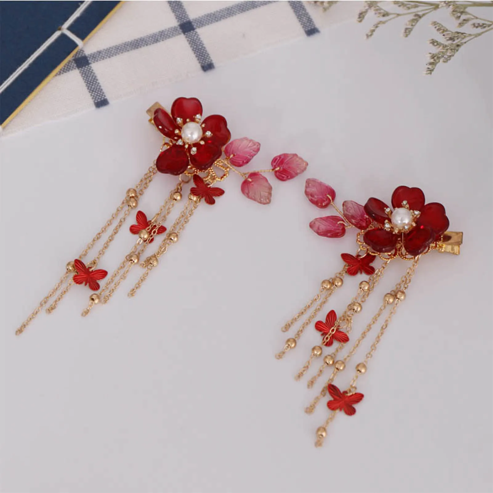 

2PCS Retro Girls Hair Clips With Red Flower Fairy Butterfly Tassel Hairpin Chinese Hanfu Hair Accessories Vintage Party Headwear