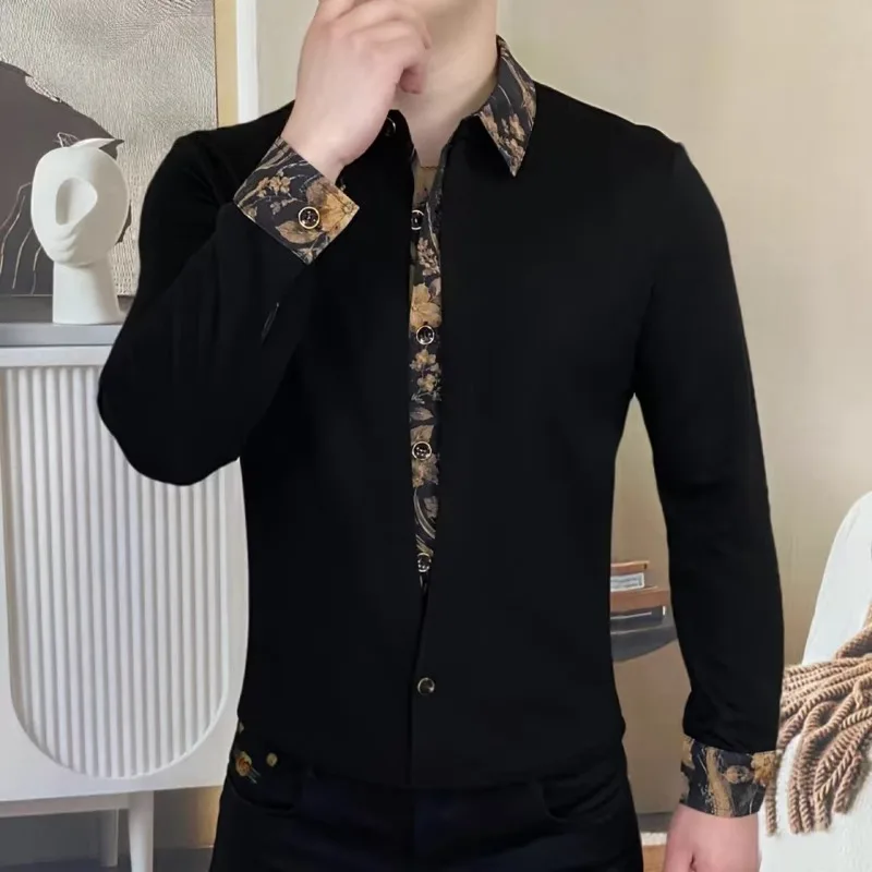 Autumn and Winter Men's Fake Two-piece Long-sleeved T-shirt Shirt Lapel Casual Business Pullover T-shirts Men Clothing