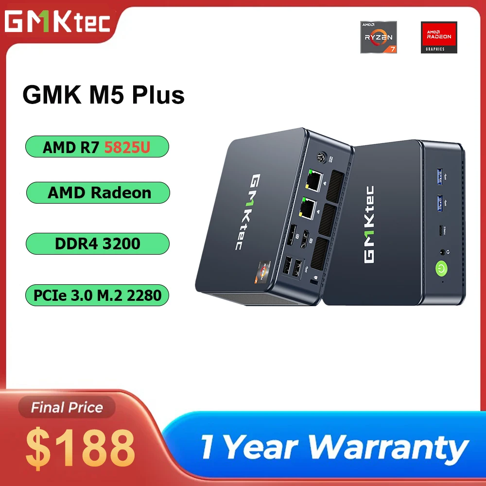 GMKtec M5 Plus AMD R7 5825U Mini PC 8-rdzeniowy 16-wątkowy 16/32GB DDR4 512GB/1TB SSD Win 11 Pro Komputer PC Mini Komputer stacjonarny PC