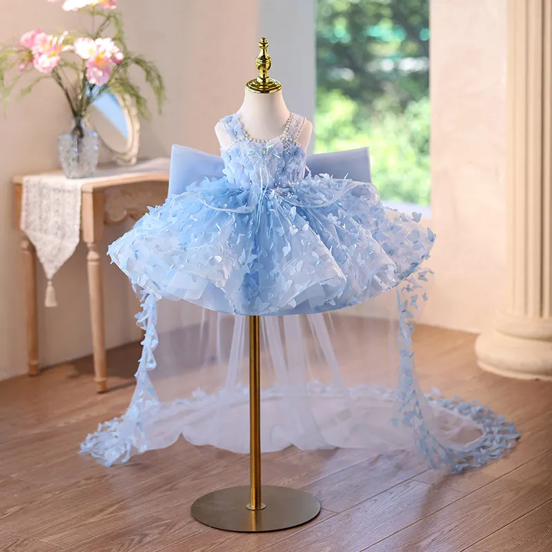 KLFLGD Children's Dress, High-End Luxury, niche Piano Performance, Trailing Fluffy Veil, Girls' Host's Birthday Princess Dress