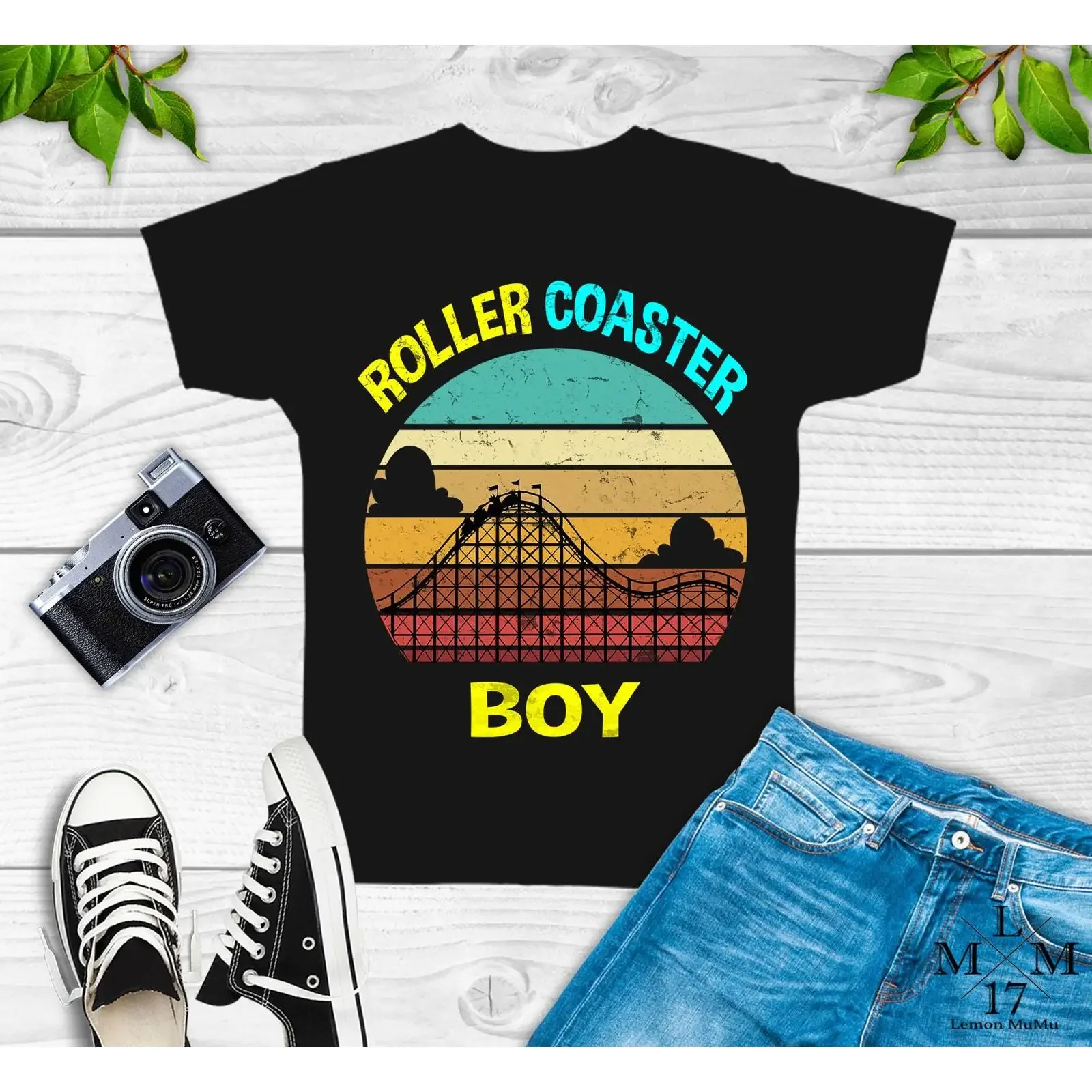 Roller Coaster Boy Vintage Retro Sunset Amusement Theme Park Carnival T Shirt vintage Washed Breathable Stretched