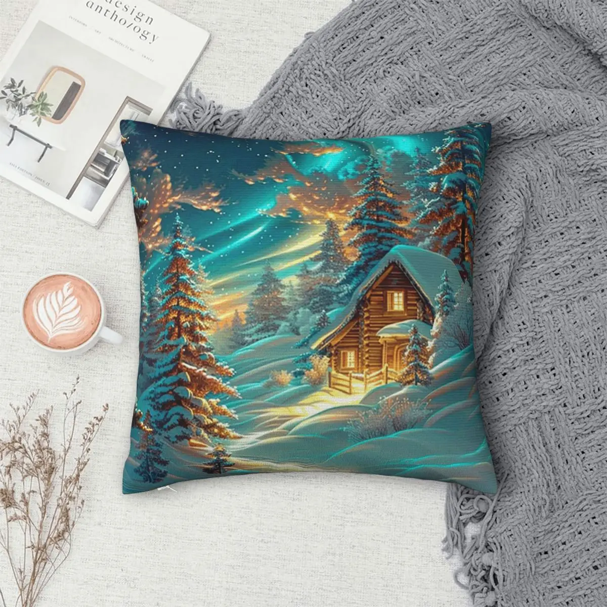 

Декоративная наволочка на молнии с изображением деревянного домика под полярным сиянием, для дома и автомобиля