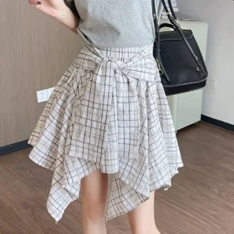 패션 불규칙한 격자 무늬 셔츠 스커트 레이스 업 a 라인 가짜 투피스 스커트 매운 소녀 스타일 streetwear 격자 무늬 반바지 스커트 여름