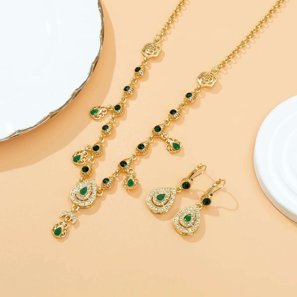 Gold Color Woman Wedding Dress Jewelry Drop Shape Rhinestone Necklace Hair Accessories Two Uses Moroccan Bridal Hair Jewelry Set