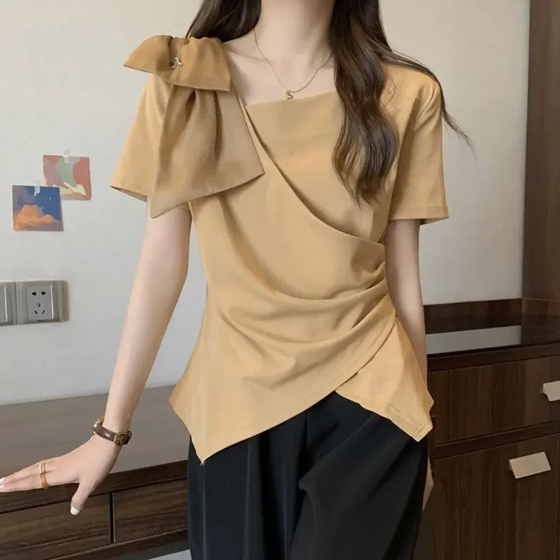 

Fashion Skew Collar Spliced Sweet Folds Irregular Blouses Female Clothing 2024 Summer New Loose Casual Tops Asymmetrical Shirts