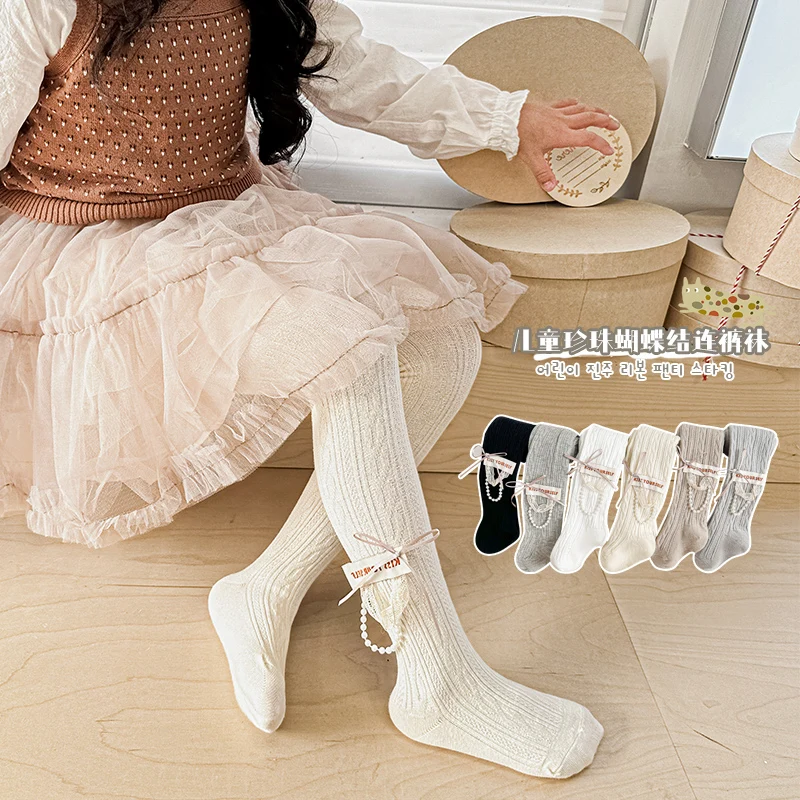 Kids Girls Lovely Bowknot Ribbon Letter Printed Tights Elastic Waist Soft Comfortable Pantyhose Footed Socks Suitable For Daily