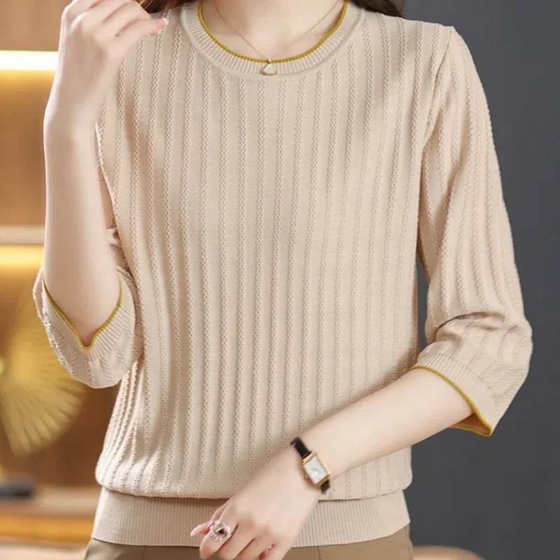 Women\'s Solid Pullover Lantern Long Sleeve Crew Neck Sweater Knitted Casual Screw Thread T-shirt Elegant Spring Autumn Tops