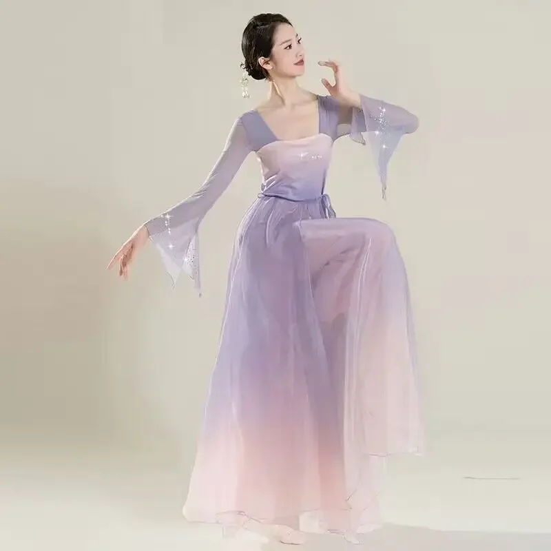 

Chinese style folk dance classical dancer performance costumes elegant cardigan practice clothes body rhyme long outer gauze