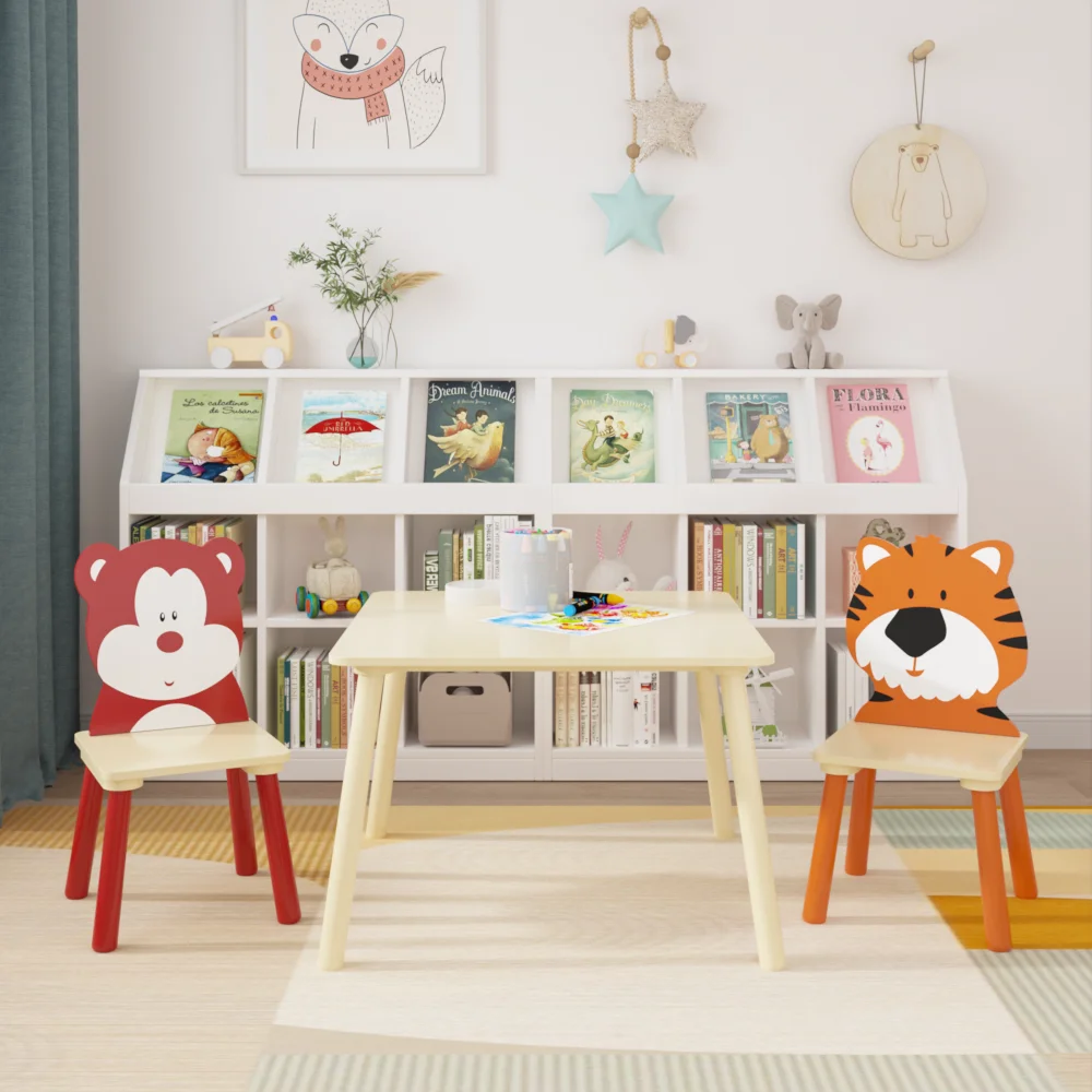 Kids Table and 2 Chairs Set, 3 Pieces Toddler Table and Chair Set, Wooden Activity Play Table Set (Bear&Tiger)