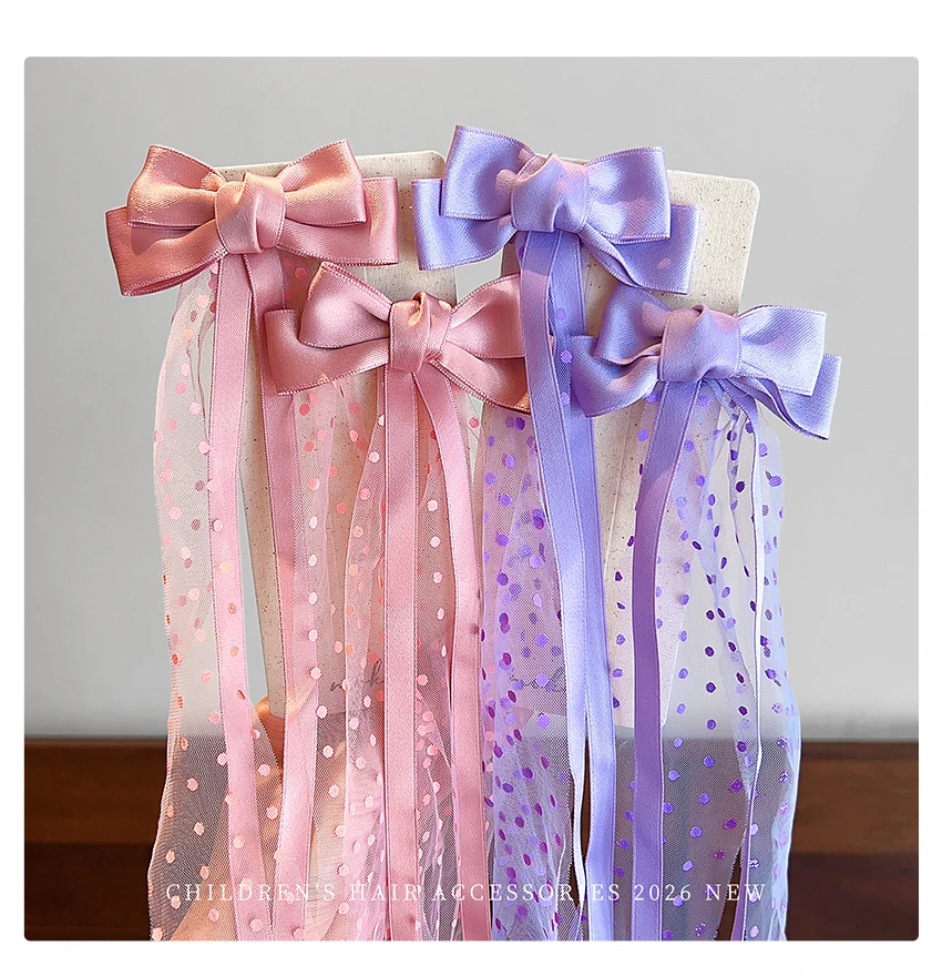 Neue Modische Kinder-Haarspange mit Schleife, Mädchen-Haarspangen aus langem Tüll, gepunktete Netz-Prinzessinnen-Haarspangen, Party-Haaraccessoires – Detail 5