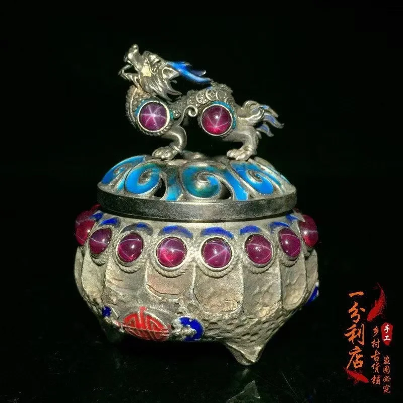 Old Qing Dyansty silver&gem jar statue,Handmade