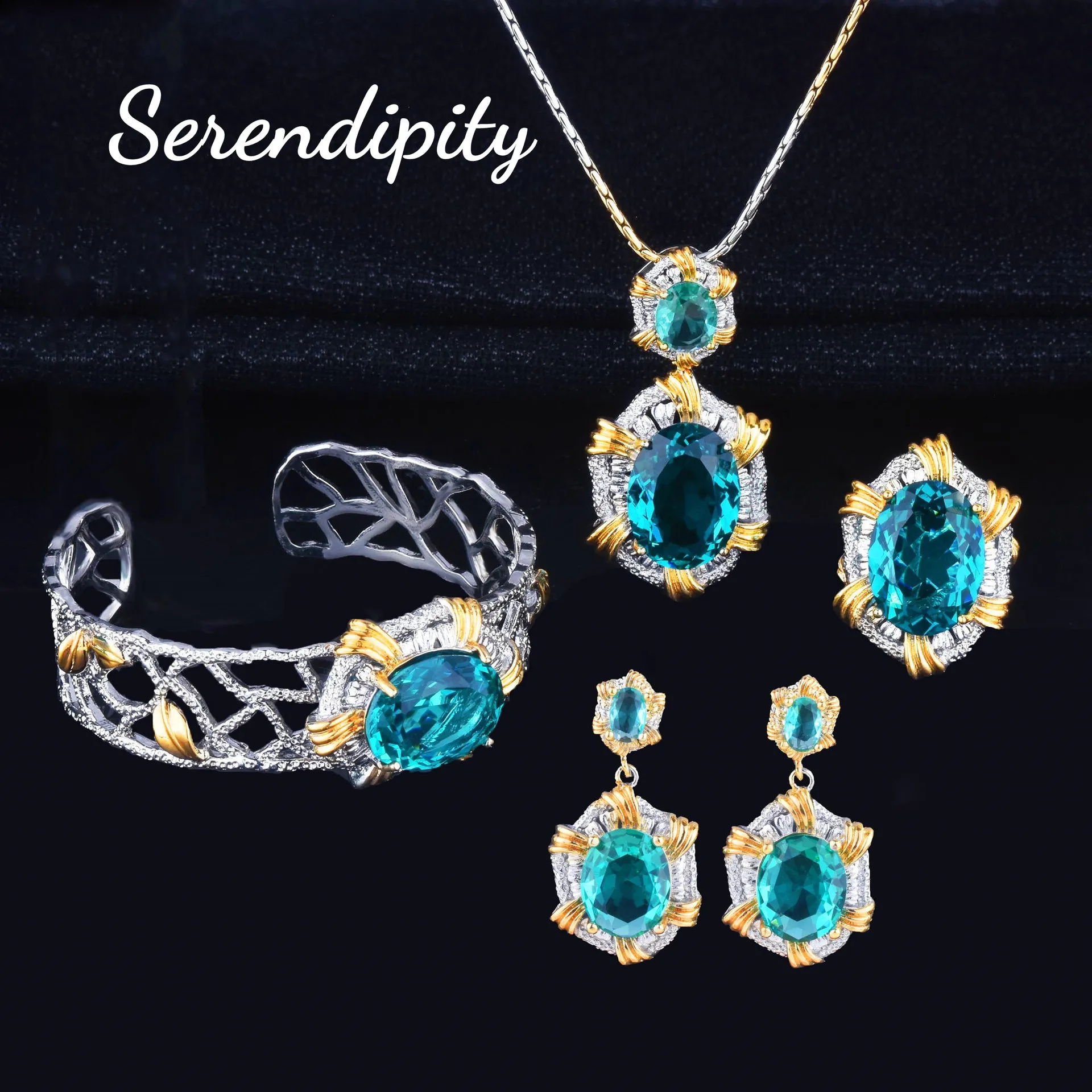 Foydjew Retro Simulation Color Gemstone Jewelry Sets Inlaid Paraiba/Green/Blue Pendant Necklaces Earrings Bracelets Rings Set