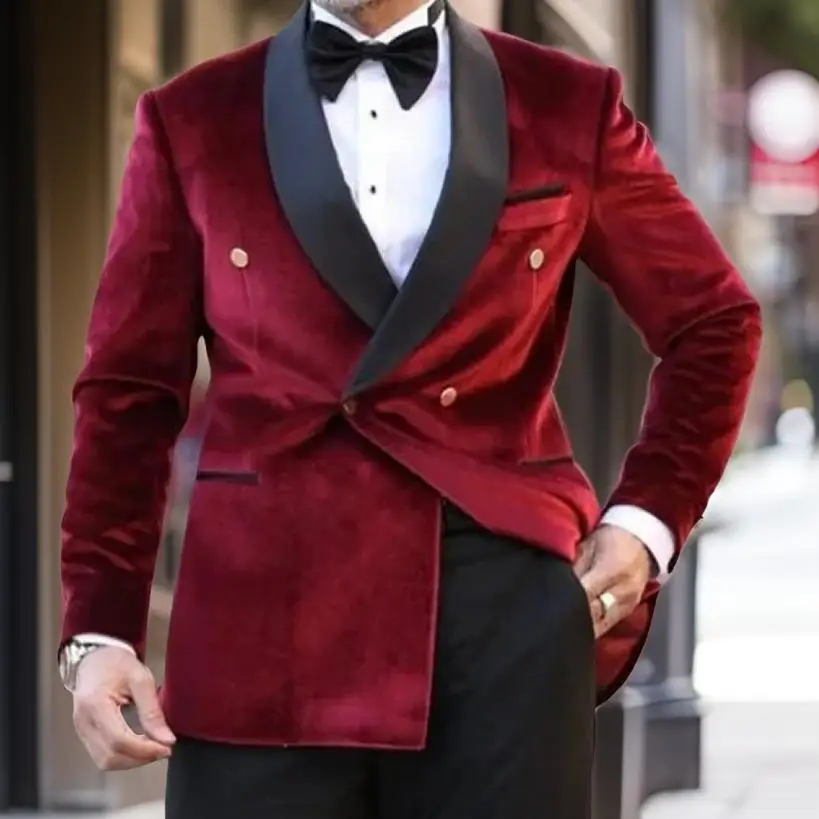 Burgundy Men\'s Suits Shawl Lapel Double Breasted Velvet Smoking Jacket Groom Tuxedo Casual Full Set 2 Pieces Blazer with Pants