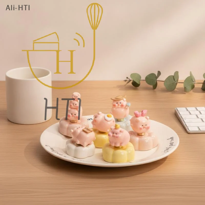 Creative Resin Pink Pig Figurine Stackable Pig Rotating Pig With Bearing Flower Base Desktop Ornament