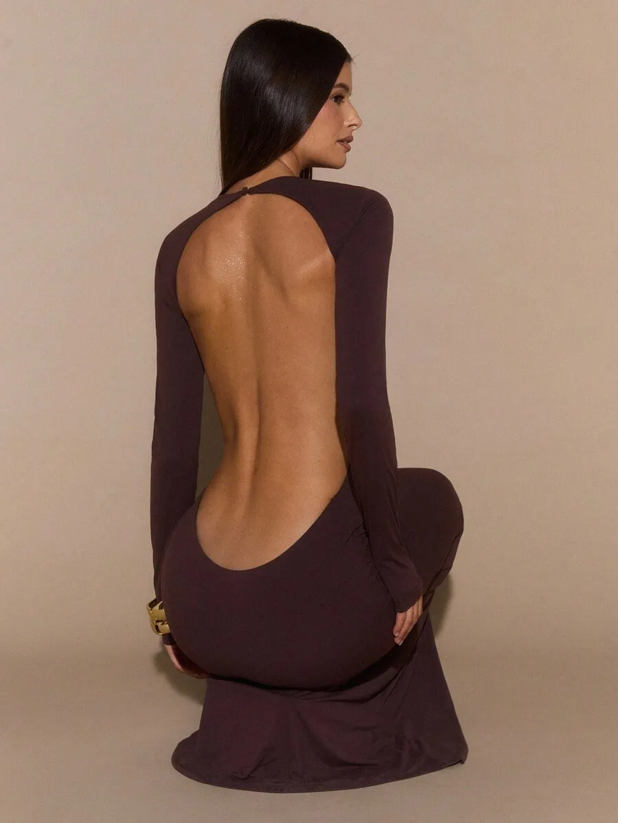 

Solid Brown Long Sleeve Backless Fitted Mermaid Dress for Women