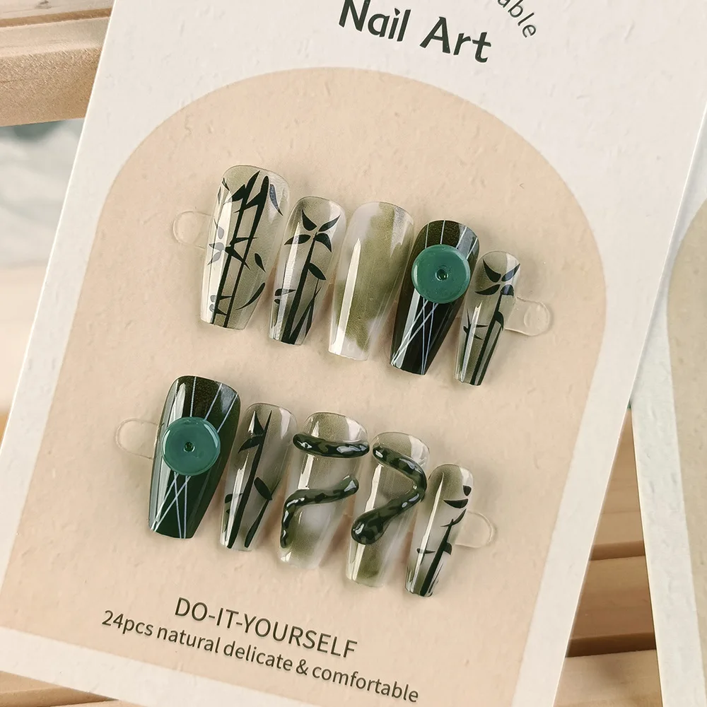 

24pcs Ink Green Jade and Stone Blending Press on Nail Green Snake Square Artificial Fake Nails Seamless Removable False Nail