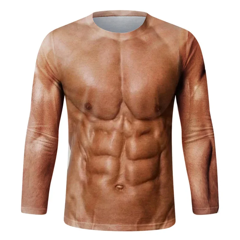 Herren-Langarm-T-Shirt mit realistischem Muskelprint, Fake-Abdomen-Body-Print, lässiger Rundhalsausschnitt, lustiges, originelles Party-Halloween-Cosplay-Oberteil – Detail 7