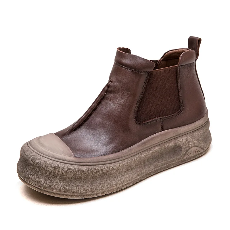 

2025 Autumn New Genuine Leather Flat Platform Shoes Versatile Round Toe Comfortable Thick Soled Women's Ankle Boots
