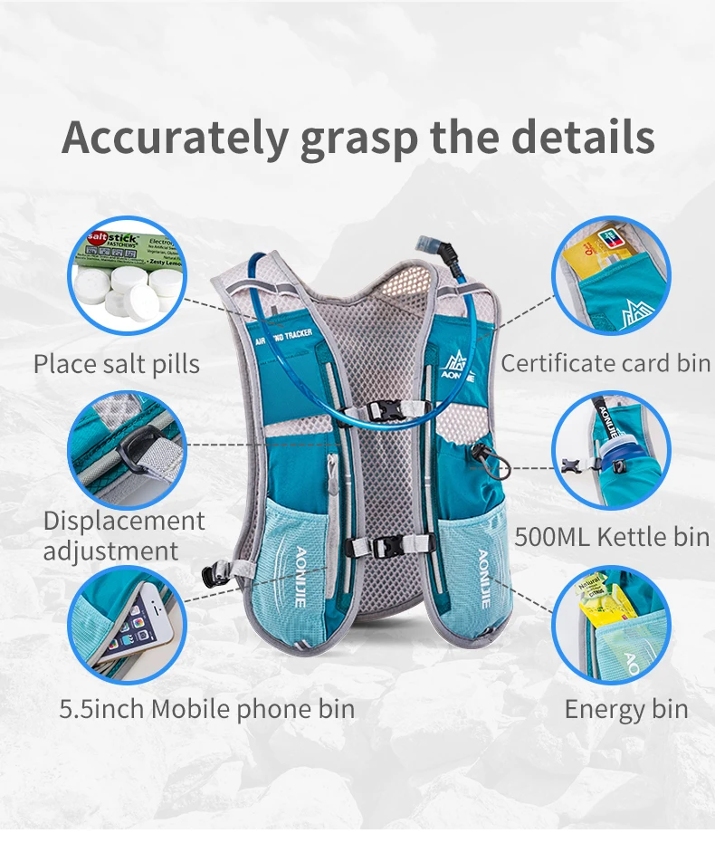 AONIJIE-mochila de hidratación E913S de 5L, bolsa de arnés, chaleco para vejiga de agua de 1.5L, senderismo, Camping, correr, Maratón, carrera,