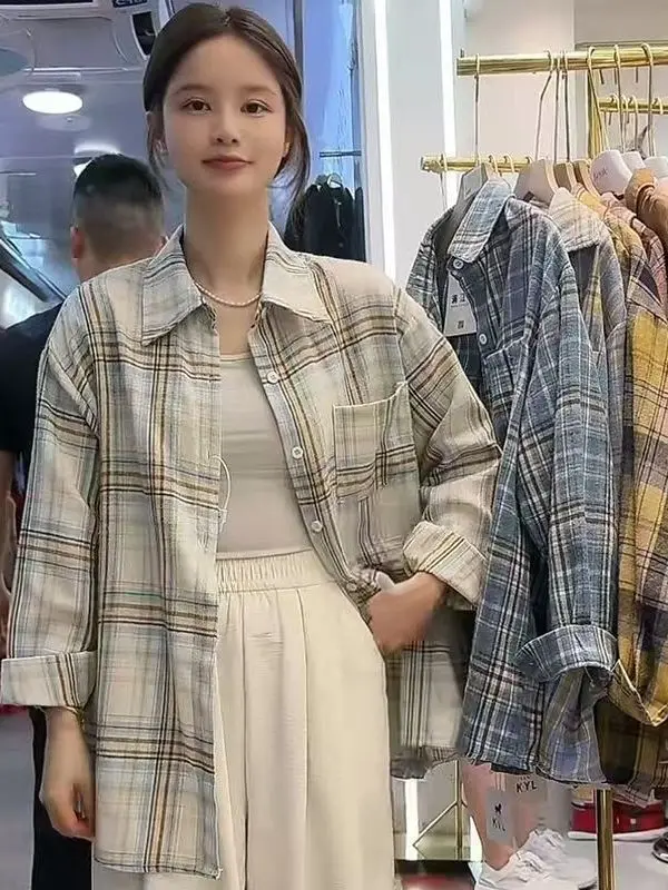 

Весенне-осенняя клетчатая женская одежда Long Sve, свободная посадка, простая корейская модная верхняя одежда, верхняя одежда на пуговицах...