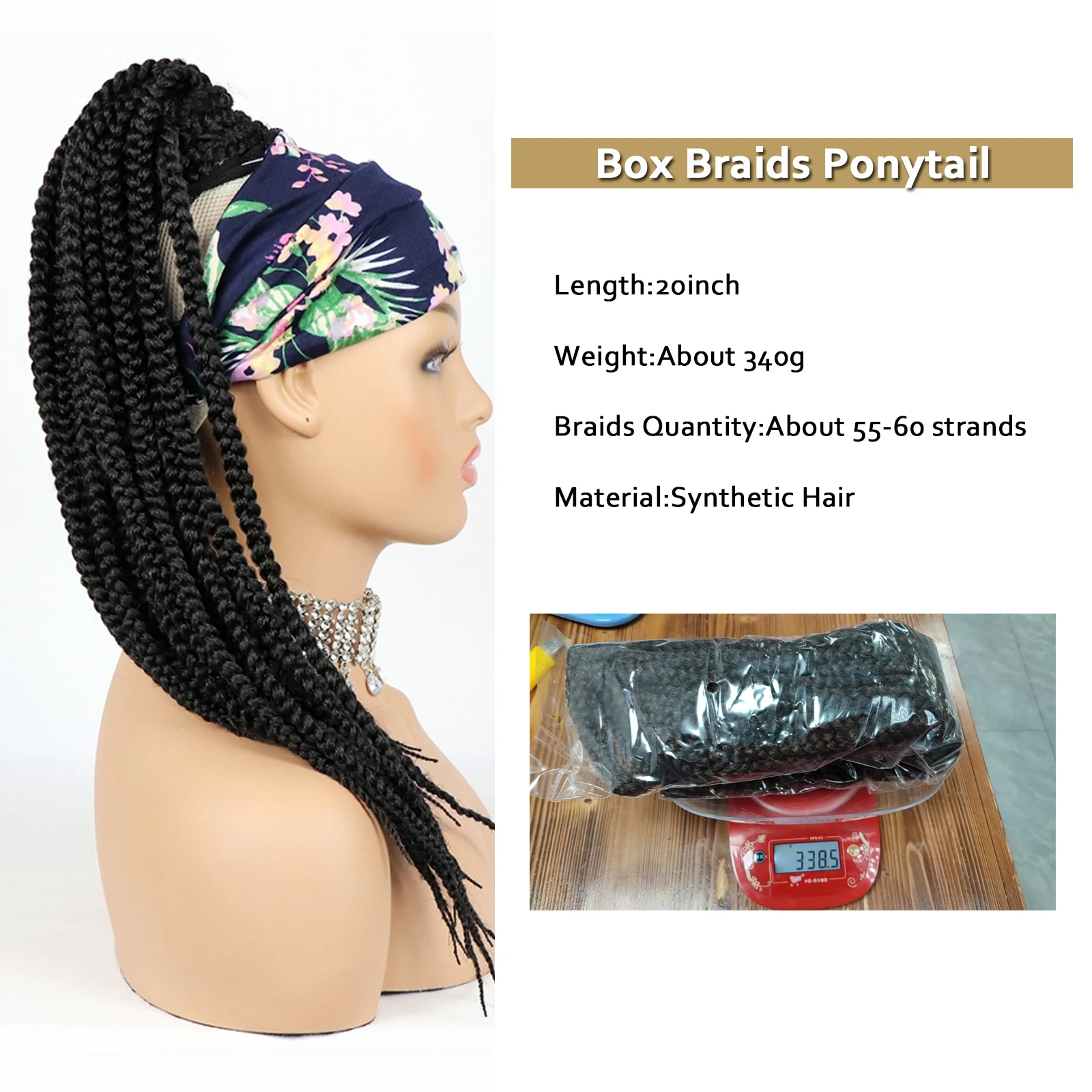 Black Brown Box Braided Drawstring Ponytail Extensions 20Inch Long Synthetic Hair Clip-in Pony Tail Hair Extensions For Women